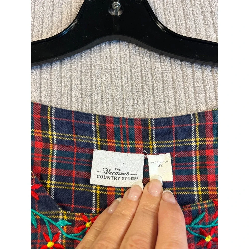 Vermont Country Store Plaid Flannel Nightgown 4X Red Navy Embroidered Pockets